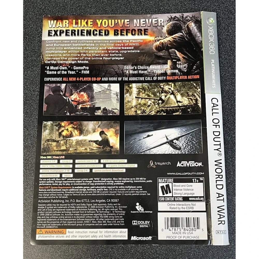 XBox 360 Call Of Duty World at War Case Insert and Instruction Manual Only